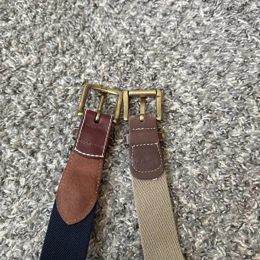 L.L. Bean Belt Men 42 Canvas Web Leather Trim Belt Brass Buckle 2 Lots Navy Tan